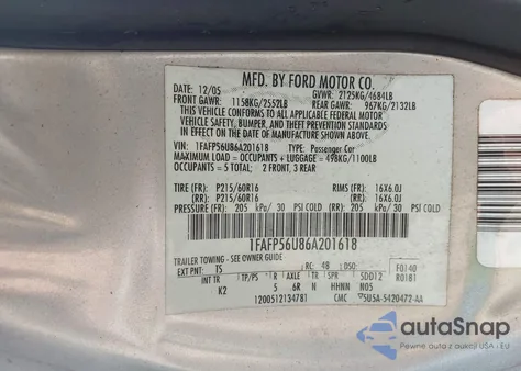 2006 Ford Taurus Sel z USA, uszkodzony, nr VIN 1FAFP56U86A201618